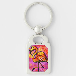 Whimsical Abstrakt Flamingo Rosa Orange Blommig  Rektangulärt Silverfärgad Nyckelring