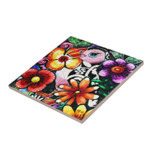 Whimsical Abstrakt Lunnefågel i blommor Kakelplatta