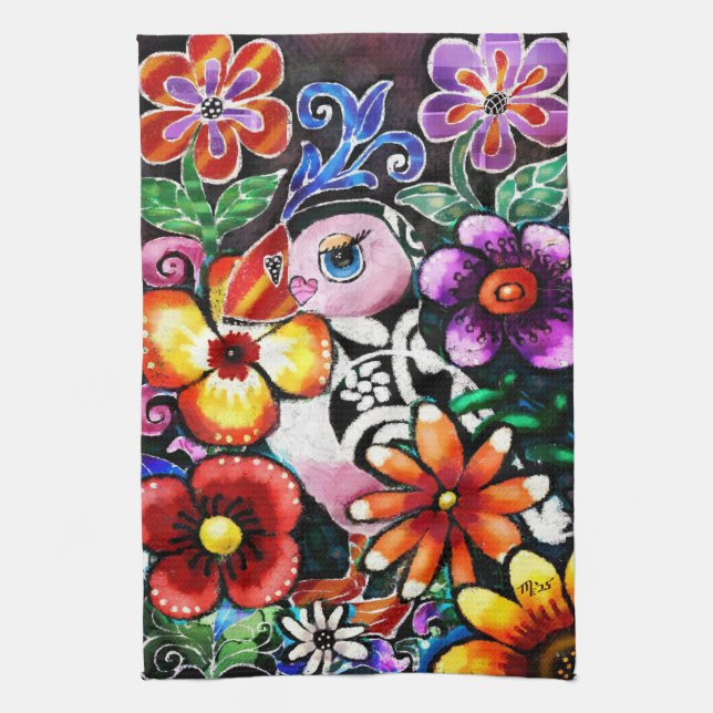 Whimsical Abstrakt Lunnefågel i blommor Kökshandduk (Vertikal)