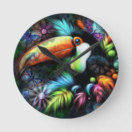 Whimsical Abstrakt Tukan Fågel Tukaner Teal Orange Rund Klocka