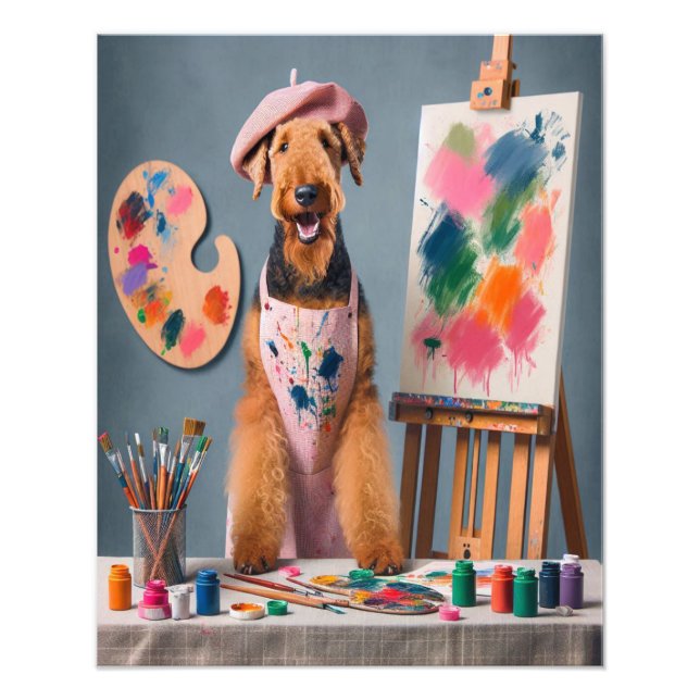 Whimsical Airedale Terrier som arbetar som konstnä Fototryck (Framsidan)