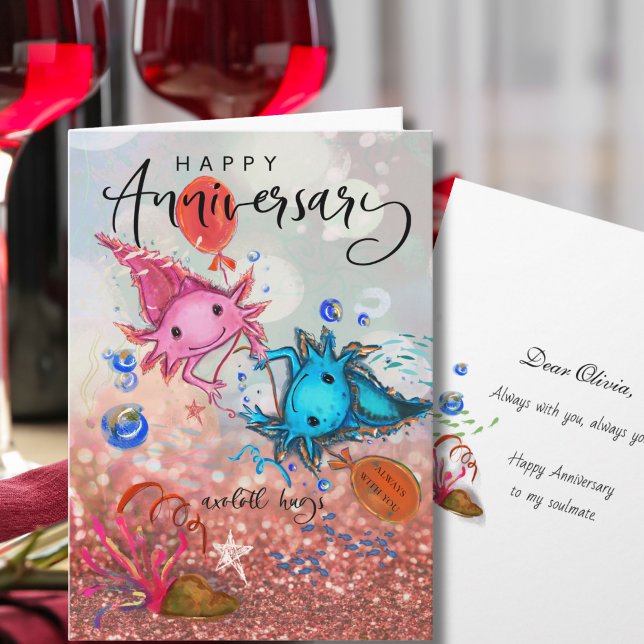 Whimsical Akvarell Axolotl Söt Årsdags Kort (Whimsical Watercolor Axolotl Cute Anniversary Card)