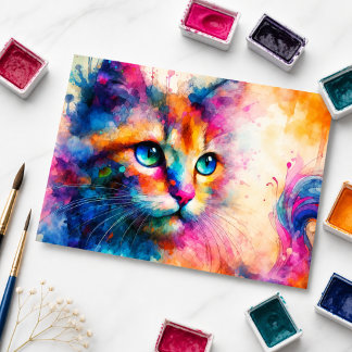 Whimsical akvarell kattporträtt vykort