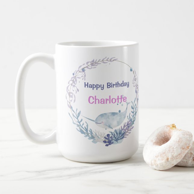 Whimsical akvarell Narval fisk  Enhörning av  Kaffemugg (Med munk)
