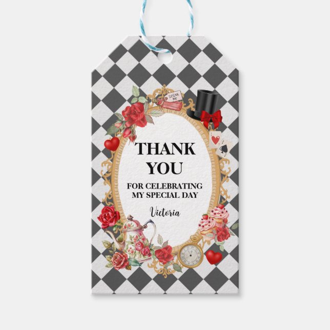Whimsical Alice Mad Hatter Wonderland Birthday Presentetikett (Framsidan)