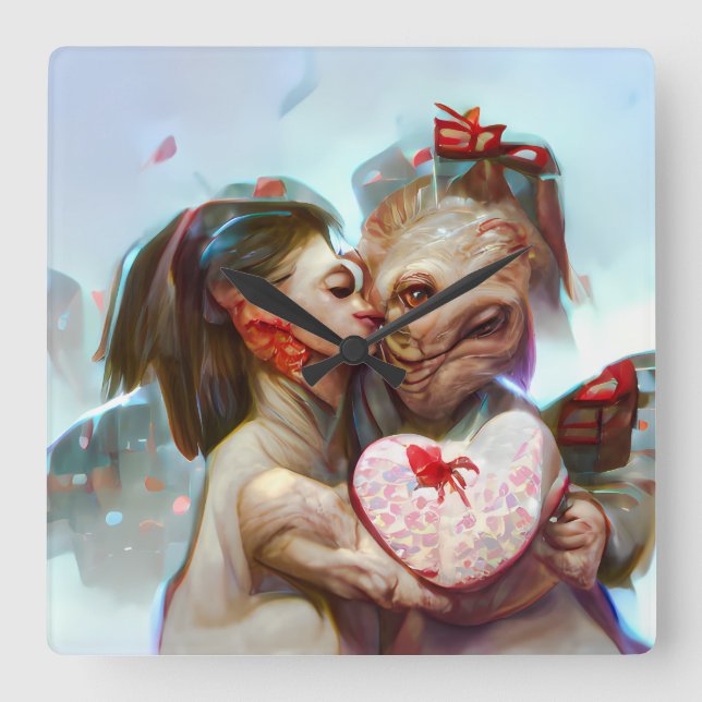 Whimsical Alien Romantik Fyrkantig Klocka (Framsida)
