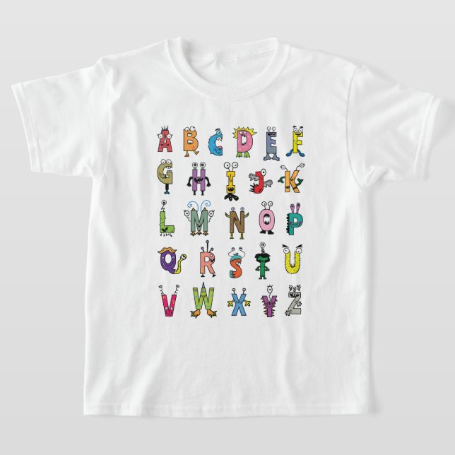 Whimsical Alphabet Varelser | ABC Barn T-shirt (Laydown)