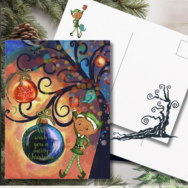 Whimsical Alv med Fågel under ett Julträd  Vykort (Whimsical Elf with Bird under a Tree Christmas Postcard)