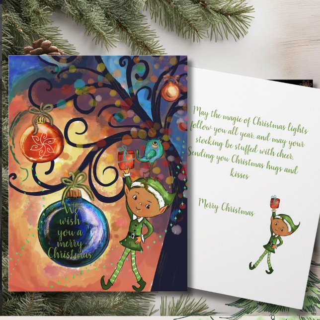 Whimsical Alv som Håller Present & Fågel Julkort Kort (Whimsical Elf Holding Gift & Bird Christmas Card)
