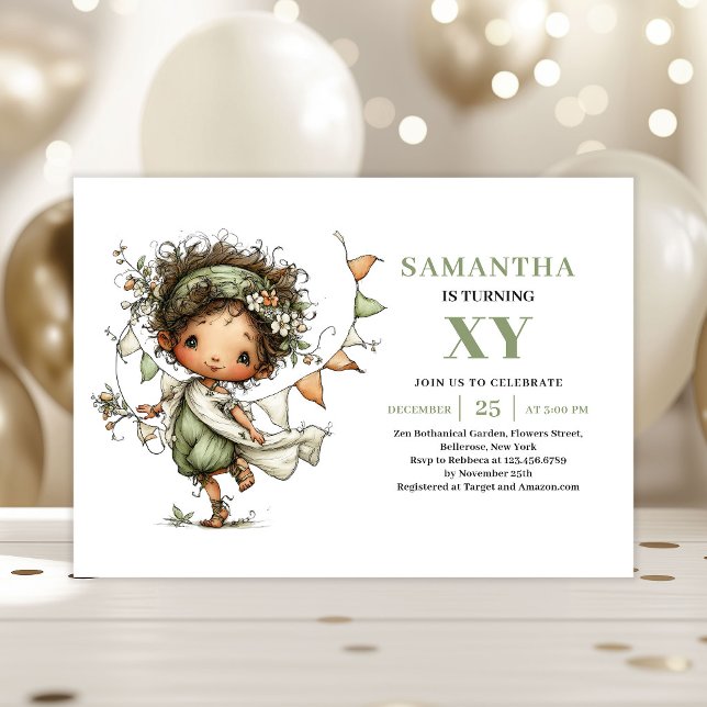 Whimsical Älva Flicka 6-årsdag Grön Invitation Inbjudningar (Whimsical Fairy Girl 6th Birthday Greenery Invitation)