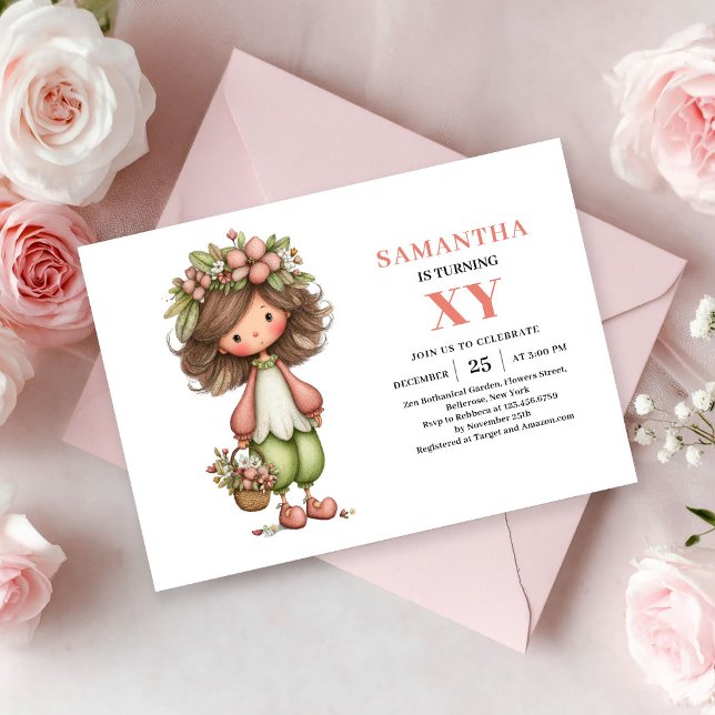 Whimsical Älva Flicka Födelsedag Pastell Blommig R Inbjudningar (Whimsical Fairy Girl Birthday Pastel Floral Pink invitation)