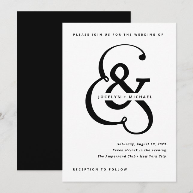 Whimsical Ampersand | Svartvit Bröllop Inbjudningar (Fram/baksida)