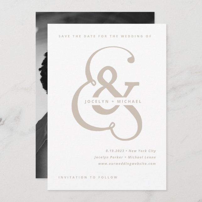 Whimsical Ampersand | Vit och Beige Photo Back Spara Datumet (Fram/baksida)