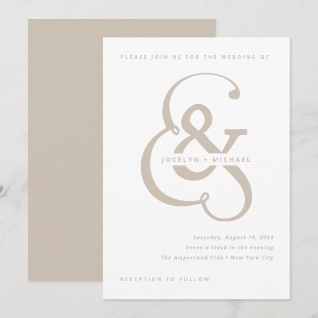 Whimsical Ampersand | Vita och Beige Bröllop Inbjudningar (Fram/baksida)