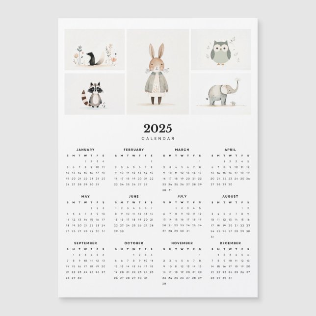 Whimsical Animal Boho Minimal 2025 Magnetkalender (Framsida)