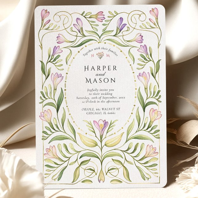 Whimsical Art Nouveau Freesias Guld Bröllop Inbjudningar (Skapare uppladdad)