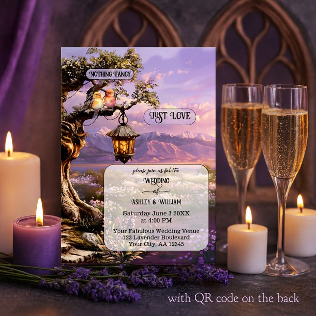Whimsical Artistic Romantic Lavender Wedding Inbjudningar (Whimsical wedding invitation featuring a painting of a lavender landscape at sunset with lantern)