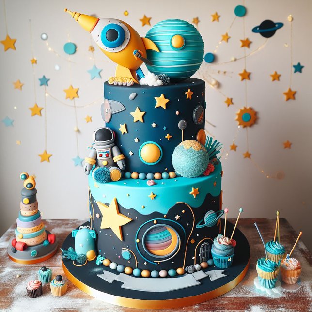WHIMSICAL ASTRONAUT & RACE BARNS FÖDELSEDAG CAKE KORT (Skapare uppladdad)