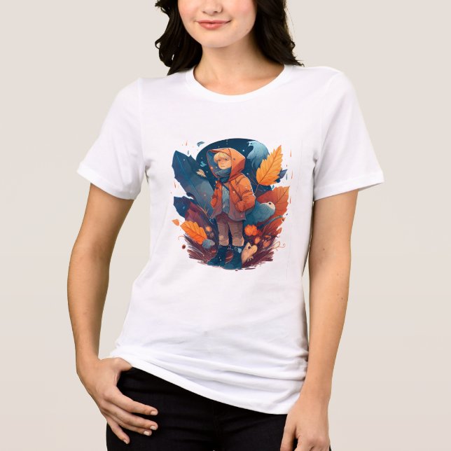 Whimsical Autumn Boy in Forest Fantasy Graphic  T Shirt (Framsida)