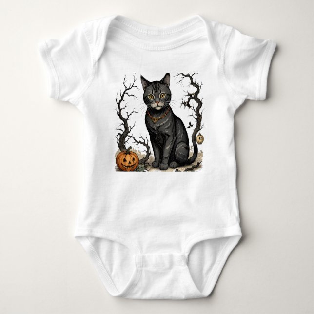 Whimsical Autumn Cat and Pumpkins, Halloween Cat. T Shirt (Framsida)