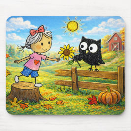 Whimsical Autumn Girl och uggla Musmatta