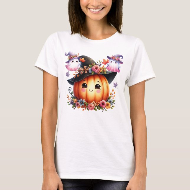 Whimsical Autumn Pumpkin Witch Design T Shirt (Framsida)