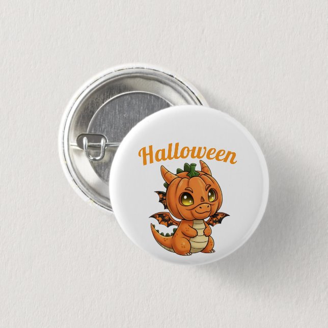 Whimsical Baby Dragon Pumpkin Halloween Button Knapp (Framsida & baksida)