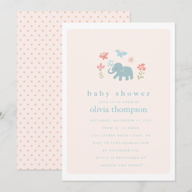 Whimsical Baby Elephant Baby Shower-inbjudan Inbjudningar (Fram/baksida)