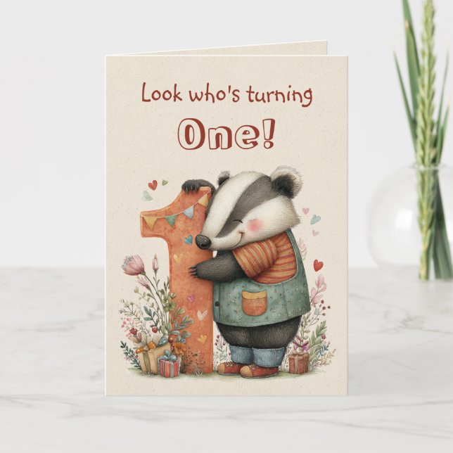 Whimsical Badger First Birthday for One Year Old Kort (Framsida)