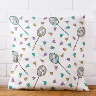 Whimsical Badminton Hand Drawn Racquets Birdies Kudde