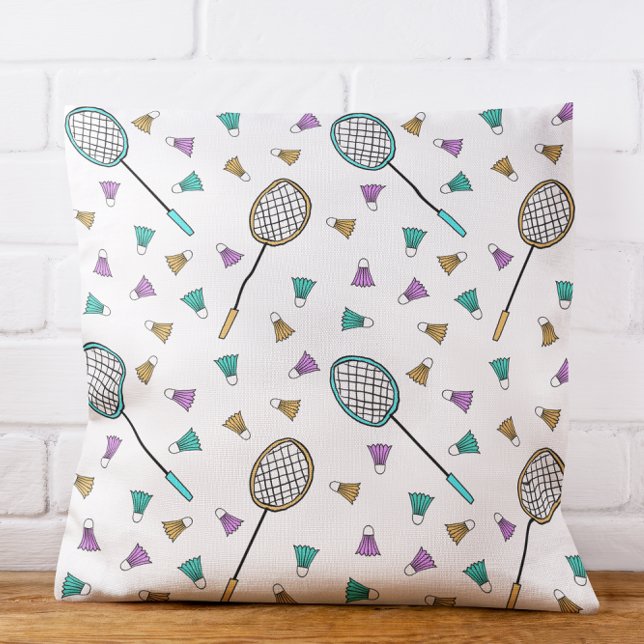 Whimsical Badminton Hand Drawn Racquets Birdies Kudde (Hand-drawn rackets and shuttlecocks bring that breezy badminton vibe indoors.)