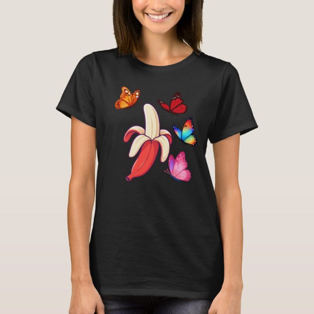 Whimsical Banana with Colorful Butterflies T Shirt (Framsida)