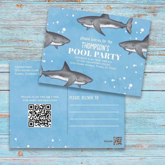 Whimsical Bassäng Party Sharks QR-kodwebbplats Vykort (Skapare uppladdad)