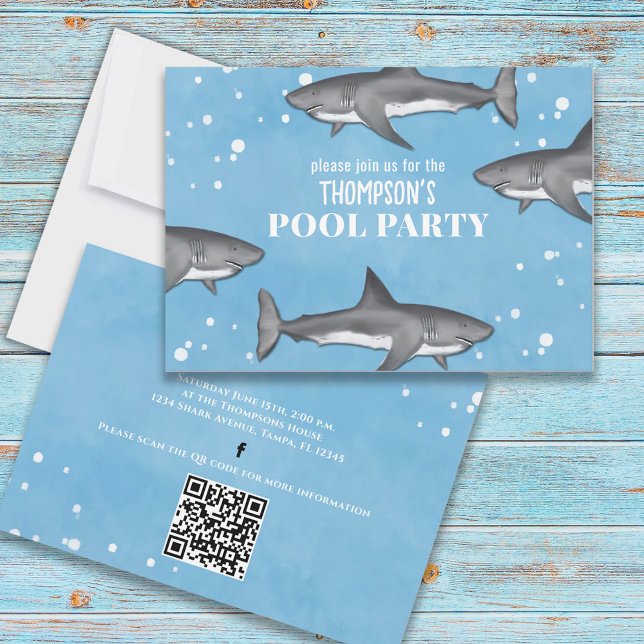 Whimsical Bassäng Sharks QR Code Social Media Inbjudningar (Skapare uppladdad)