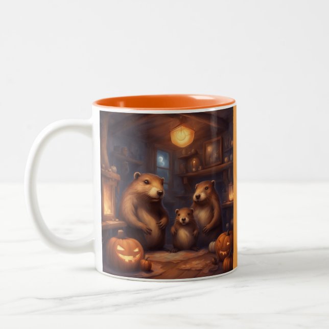 Whimsical Bäverfamilj Halloween Två-Tonad Mugg (Vänster)