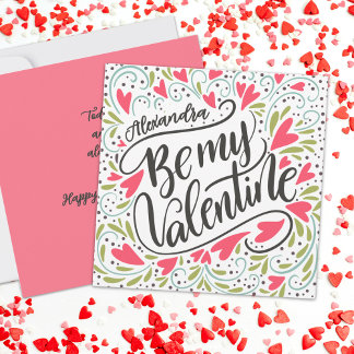 Whimsical Be My Valentine Custom Name Flat  Kort