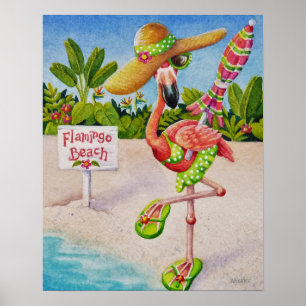 Whimsical Beach Babe Flamingo 2 Vattenfärg 16 x 20 Poster