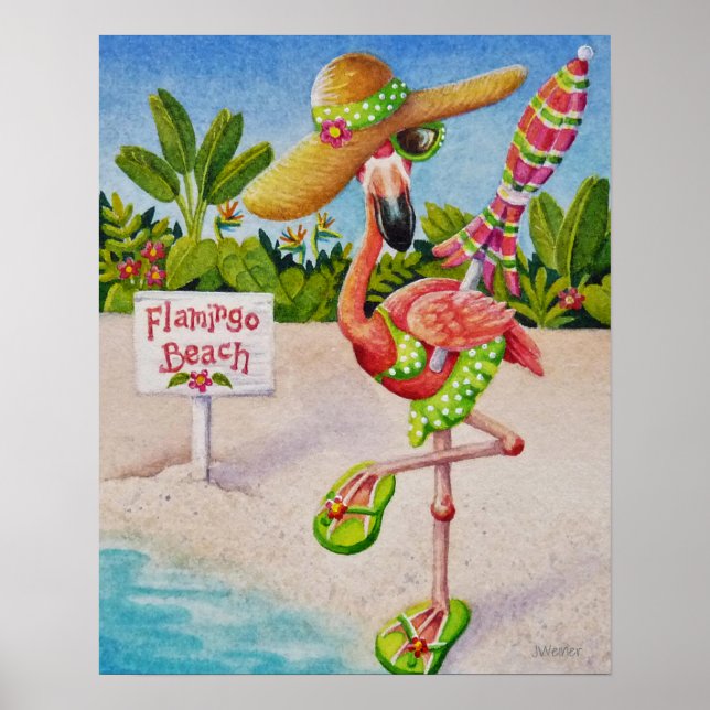Whimsical Beach Babe Flamingo 2 Vattenfärg 16 x 20 Poster (Framsidan)