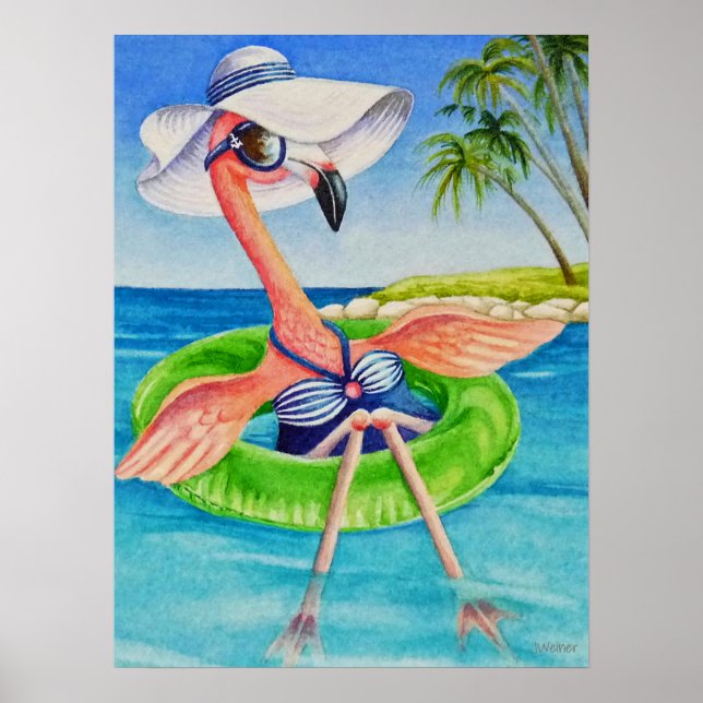 Whimsical Beach Babe Flamingo 3 Vattenfärg 18 x 24 Poster (Framsidan)