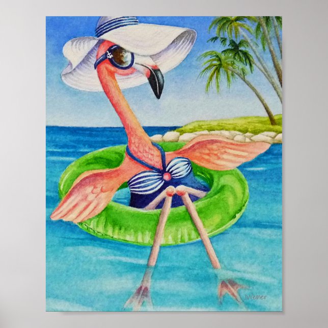 Whimsical Beach Babe Flamingo 3 Watercolor 8x10 Poster (Framsidan)