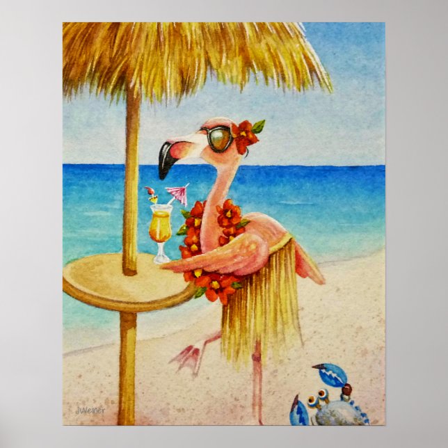 Whimsical Beach Babe Flamingo 4 Vattenfärg 16 x 20 Poster (Framsidan)