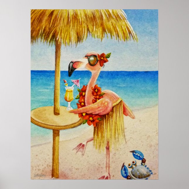Whimsical Beach Babe Flamingo 4 Vattenfärg 18 x 24 Poster (Framsidan)