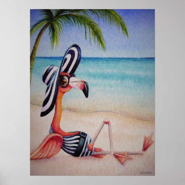 Whimsical Beach Babe Flamingo No. 1 Art 18x24 Poster (Framsidan)