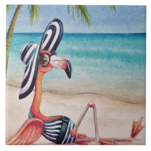 Whimsical Beach Babe Flamingo No. 1 Watercolor Art Kakelplatta
