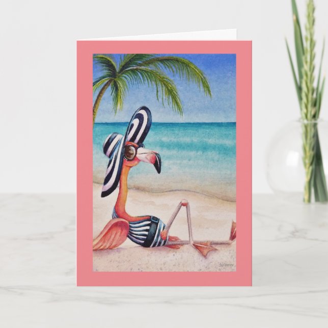 Whimsical Beach Babe Rosa Flamingo No. 1 Art. Kort (Framsida)