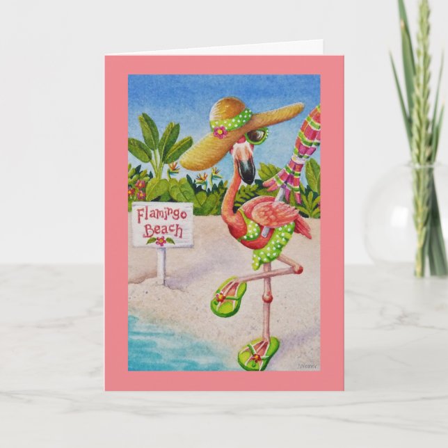 Whimsical Beach Babe Rosa Flamingo No. 2 Art. Kort (Framsida)