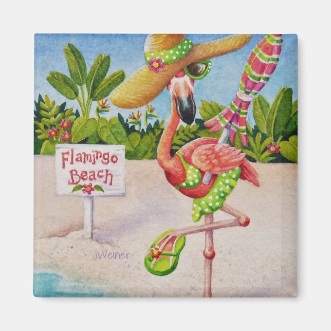 Whimsical Beach Babe Rosa Flamingo No. 2 Magnet (Framsidan)
