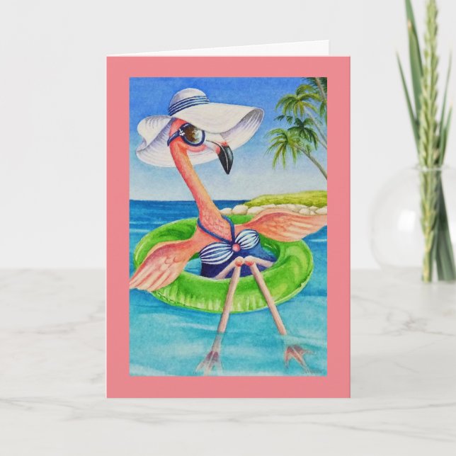 Whimsical Beach Babe Rosa Flamingo No. 3 Art. Kort (Framsida)