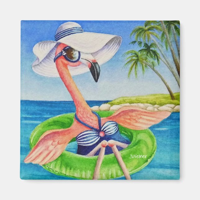 Whimsical Beach Babe Rosa Flamingo No. 3 Magnet (Framsidan)