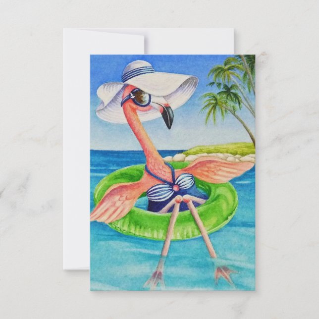 Whimsical Beach Babe Rosa Flamingo No. 3 Tack Kort (Framsida)